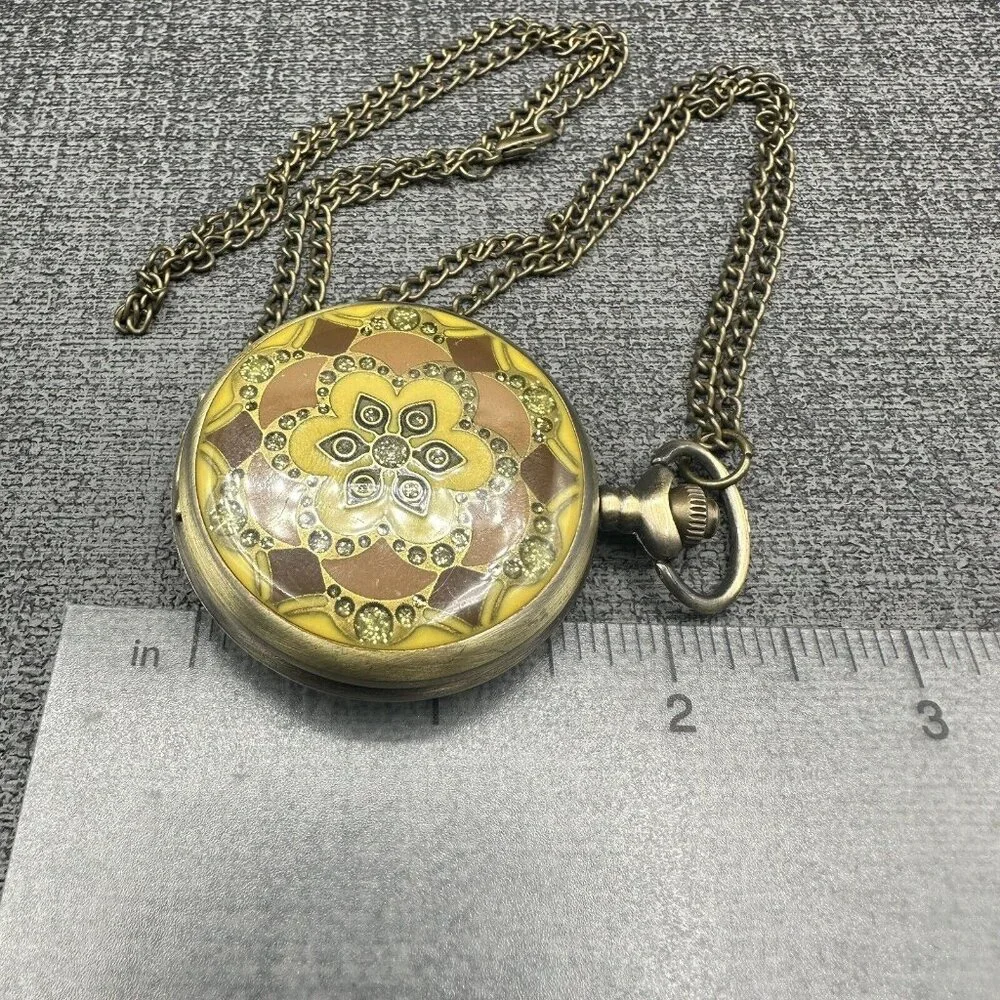Pocket Watch Necklace Enamel & Glitter Harlequin Retro Design Quartz Brass Chain